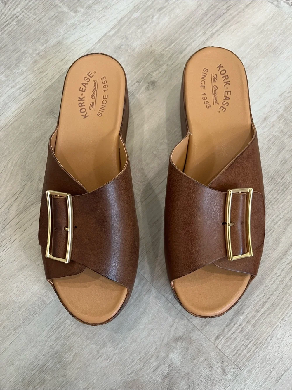 Kork-Ease York Brown Leather Platform Slide Sandals 9 New NWOB Comfort Modern